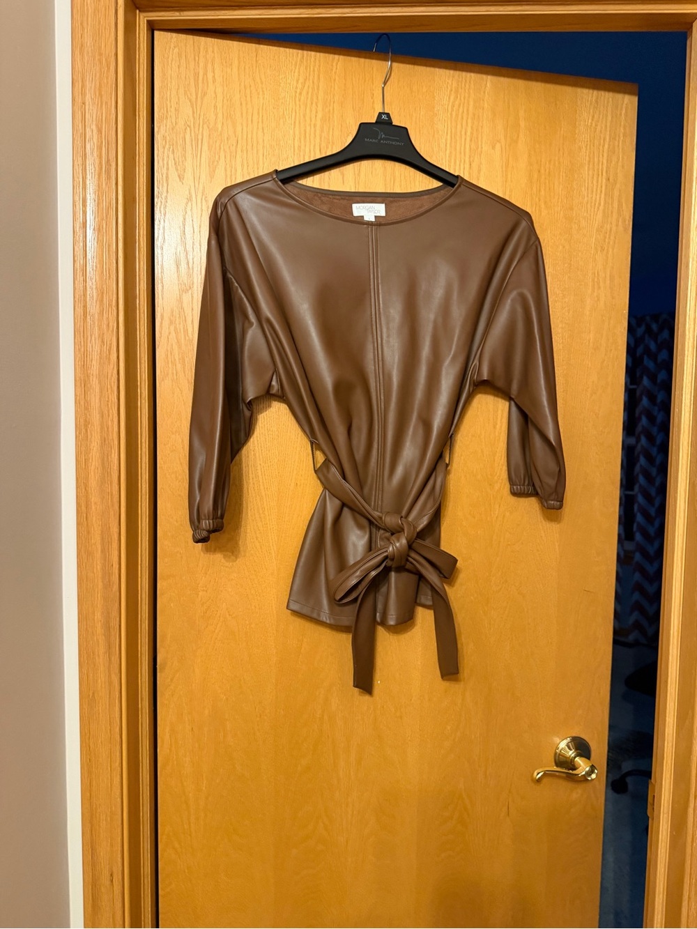 Brown Faux-Leather Tie-Waist Women's Top